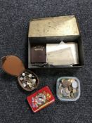 An old tin containing box of coins, cufflinks, tins, keys,
