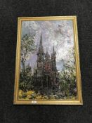 Twentieth century school : A Cathedral exterior, oil on board, 50 cm x 74.5 cm, framed.