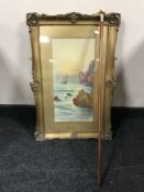 A gilt framed watercolour study, boats on a rocky coastline, Cornwall by Douglas Graham,
