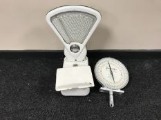 A set of vintage Mordue enamelled shop scales together with a Gascoigne's auto recorder scale dial