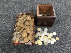 A tin of Georgian and later penny and half pennies together with a box of European coins