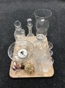 A tray of lead crystal decanters, crystal fruit bowl,