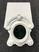 Five boxed white ornate miniature framed mirrors