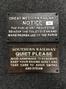 Two cast metal plaques - Southern railways 'Quiet Please' and Great Western Railway notice