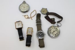 A box of assorted wrist watches, Ingersol pocket watch,