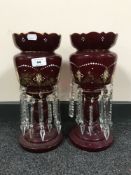 A pair of ruby glass hand painted Victorian lustres with drops CONDITION REPORT: