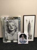 A large framed picture Marilyn Monroe in mirrored frame together with wall clock and framed black