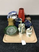 A tray of two graduated Masons Chartreuse jugs together with a Masons blue and white jug,