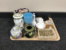 A tray of cloisonne vase, Masons jug, costume jewellery, Waterford crystal clock,