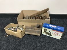 A box of vintage wood working planes together with a boxed pocket jig