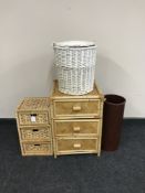 A bamboo three drawer chest together with a wicker bathroom chest, wicker lidded box,