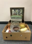 Two boxes of framed pictures, tapestry, watercolour, mid twentieth century sewing box,