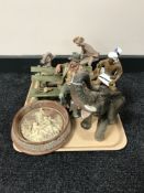 A tray of china ornament, two Indian figures, Incolay relief plaque,