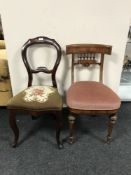 A late 19th century inlaid walnut dining chair together with a mahogany tapestry seated chair