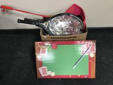 Two boxes of tennis rackets, soft toys, mugs, glass ware,