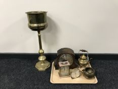 A brass jardiniere on stand together with brass teapots,