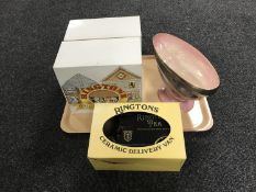 Two boxed Ringtons collector's teapots together with a ceramic delivery van and Maling pink lustre