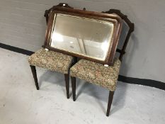 A pair of antique oak dining chairs upholstered in floral fabric together with an inlaid mahogany