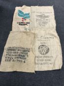 Four industrial hessian coffee sacks