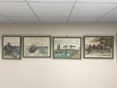 Four framed tapestries depicting huntsman on horseback,