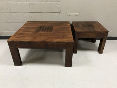 A large square mango wood coffee table together with matching lamp table