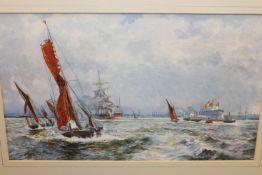 Twentieth Century English School : A Battle Ship with Ocean Liner and Sailing Boats in Choppy