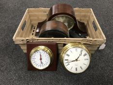 A box of two mantle clocks, contemporary wall clock,