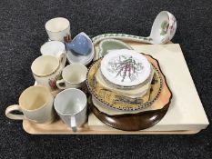 A tray of comemmorative mugs and beakers, Wedgwood heart shaped dish, Portmerion china ladle,