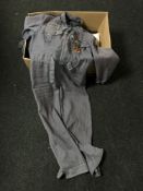 A box of linen, leather flight jacket, set of flying overalls,