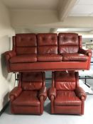 A Gimson Slater 1970's three piece red buttoned leather lounge suite