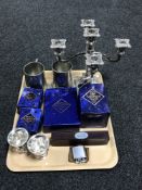 A tray of plated four way candelabrum, two tankards, boxed Royal Selangor pewter ware,