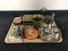 A tray of plated ware, brass pestle, inlaid trinket boxes, miniature bust of Queen Victoria,