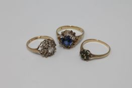 Three 9ct gold stone set cluster rings, 7.