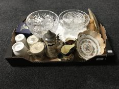 A box of commemorative mugs, beer stein, toby jug,