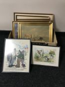 A box of six framed needleworks and two gilt framed prints