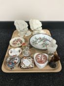 A tray of Masons ashtray and shallow dish, pill boxes, Scotch Whisky decanter, Goss bust,