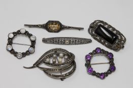 A collection of silver marcasite jewellery, variously set with citrine, amethysts, pearl,
