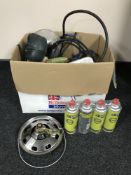 Two boxes of waterbottles, camping equipment, gas stoves,