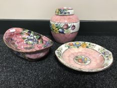 A Maling peony rose shallow bowl together with a Springtime lidded ginger jar and one other Maling