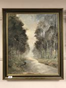 Lewis Crighton : A woodland path, oil on board, 50 cm x 59 cm, signed, framed.