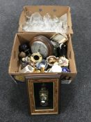 Two boxes of assorted glassware, china, battery operated clock, circular barometer,
