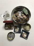 A tin containing a quantity of pre-decimal British coins, Foreign coins, commemorative coins,