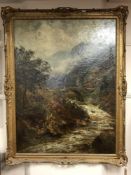 John Falconer Slater : A river flowing beneath a bridge with mountains beyond, oil on canvas, 74.