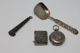 Silver to include a Georgian spoon, stamp case, sovereign case,