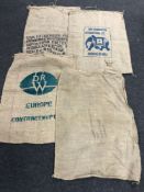Four industrial hessian coffee sacks