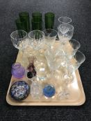 A tray of wine glasses, green glass champagne flutes, Caithness vase,