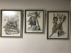Three framed tapestries depicting hunting and fishing scenes