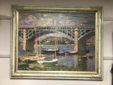 An Artagraph Edition : Figures by a bridge with boats beyond, 80 cm x 59 cm, framed.