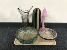A tray of three studio glass vases together with two coloured glass fruit bowls and a cut glass