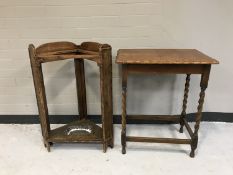 An oak barley twist occasional table together with a pine corner stick stand with tray